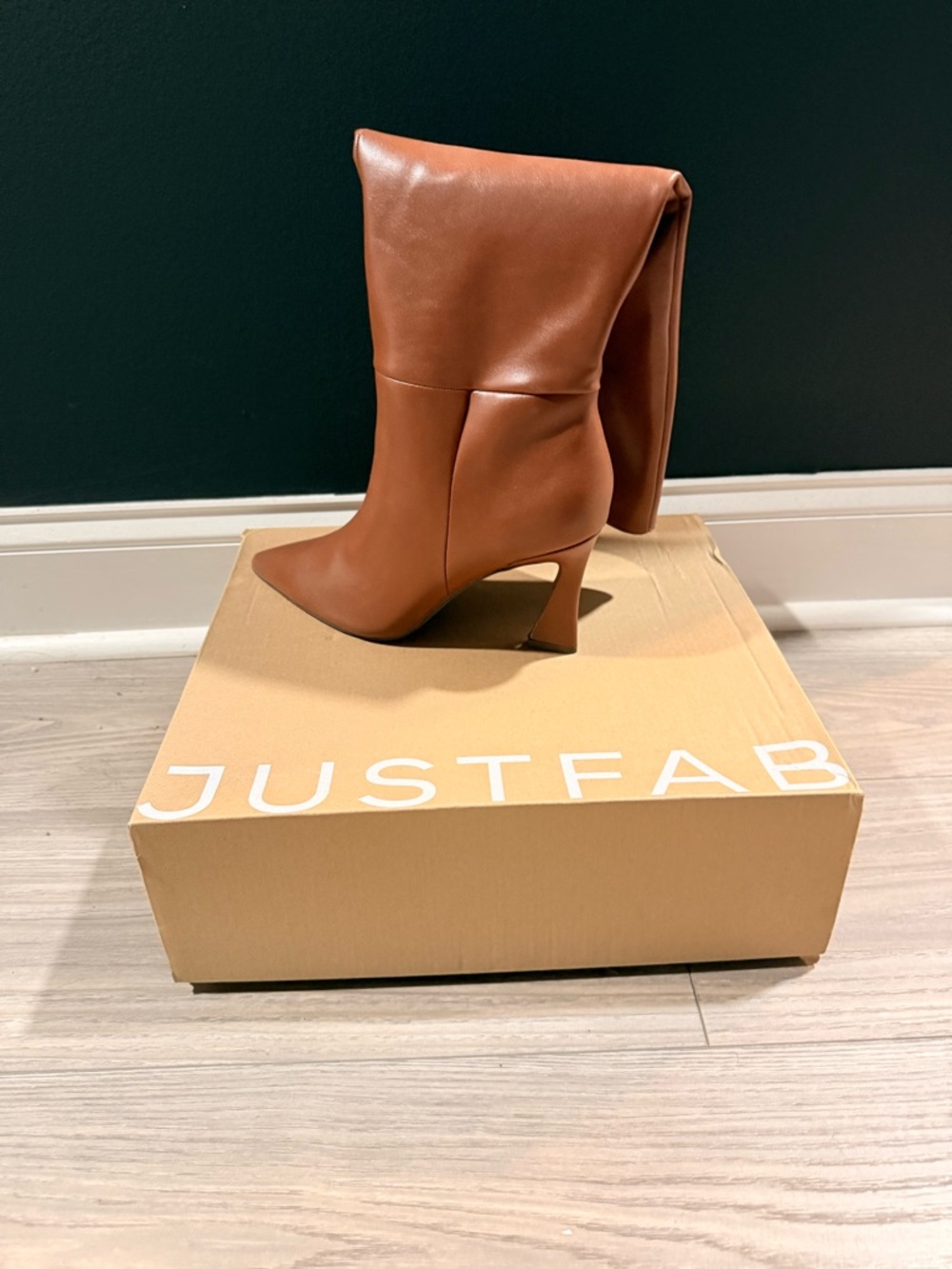 JustFab Cognac Fold-Over Pointed-Toe Heeled Boot